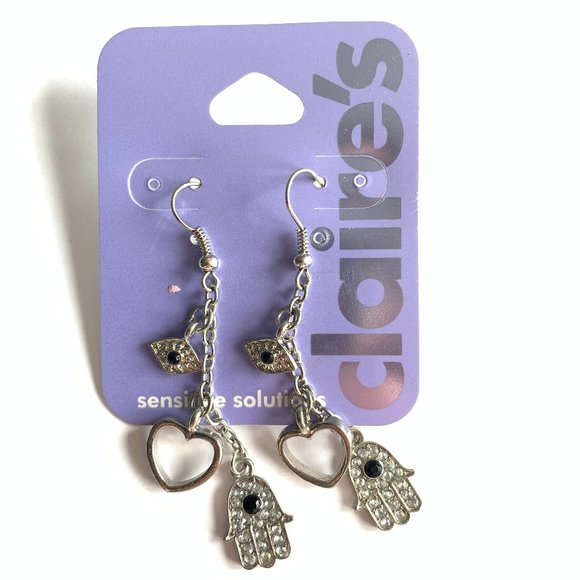 Y2K Claire's Dangly Hamsa Evil Eye Earrings Sensitive Solutions Hypoallergenic